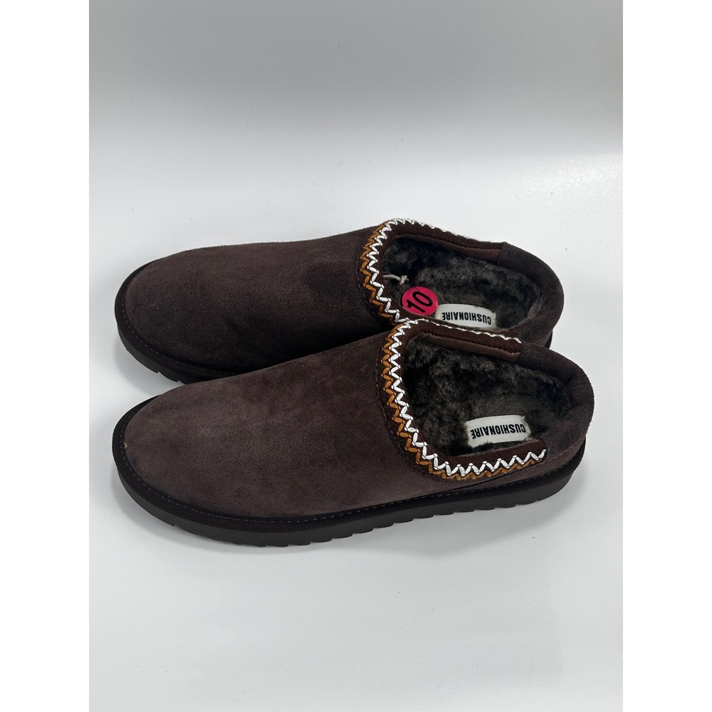 Cushionaire Suede Slipper Mules Mens 10 Brown Embroidered Trim Faux Fur Lined$80
